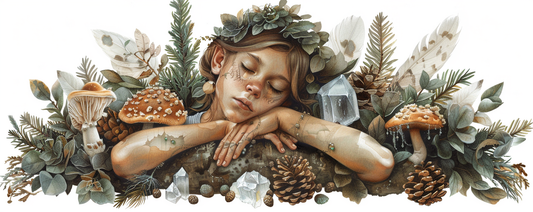 an overwhelmed fairy lies among rocks and nature