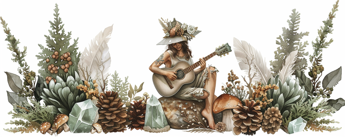 a fairy playing the guitar sits on a toadstool surrounded by greenery